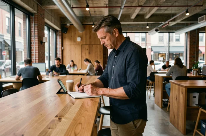 Entrepreneur solo debout dans un espace de coworking, consultant son agenda professionnel et son smartphone pour organiser son activité indépendante