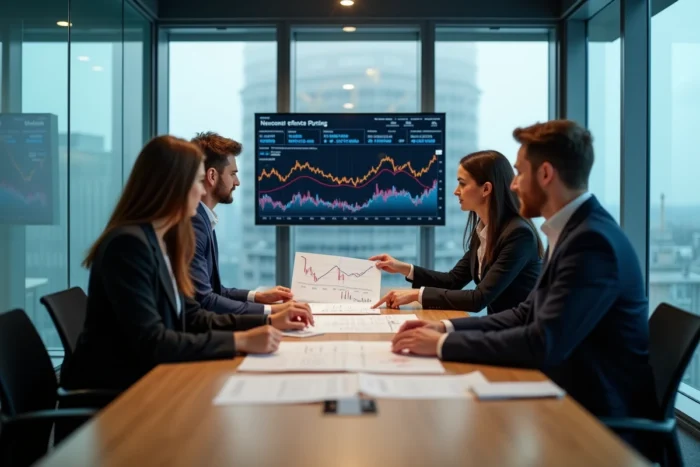 Une équipe de professionnels analyse des performances boursières ensemble dans une salle de réunion moderne