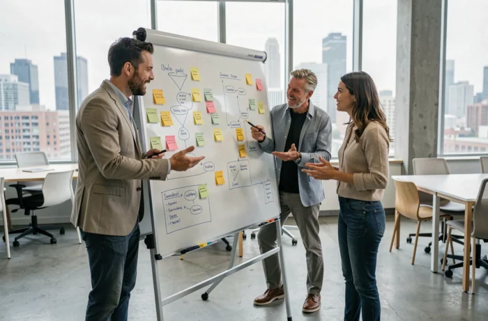 Équipe de professionnels en séance de brainstorming pour une stratégie de marketing digital devant un tableau blanc