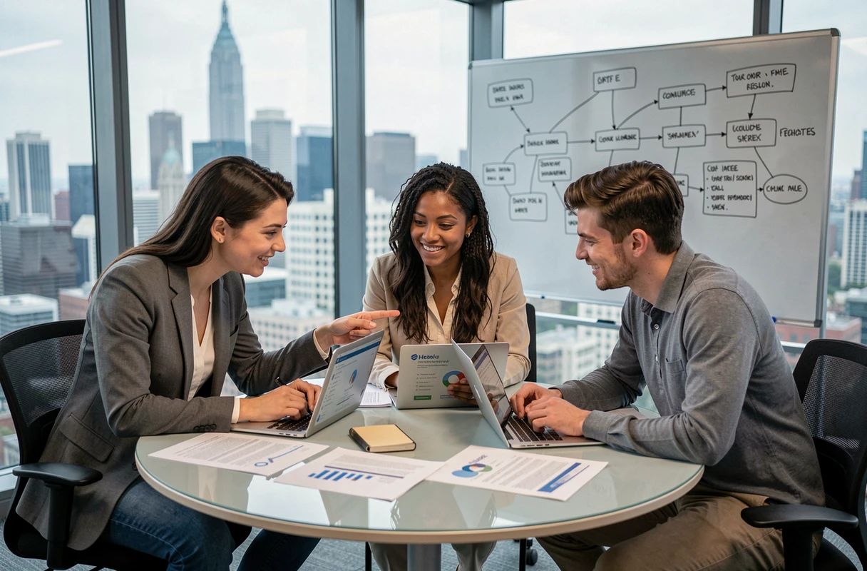 Équipe professionnelle collaborant autour de services en ligne dans une salle de réunion moderne avec vue sur la ville