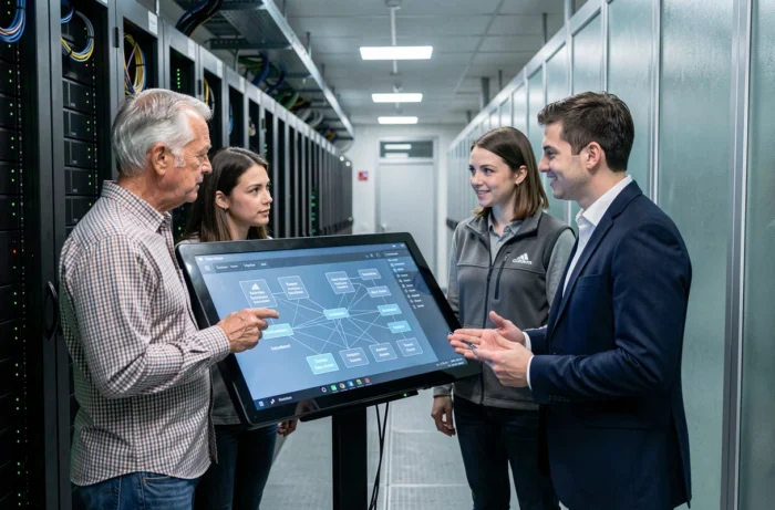 Équipe informatique en entreprise collaborant sur des solutions réseau et logicielles devant un écran tactif en salle serveurs