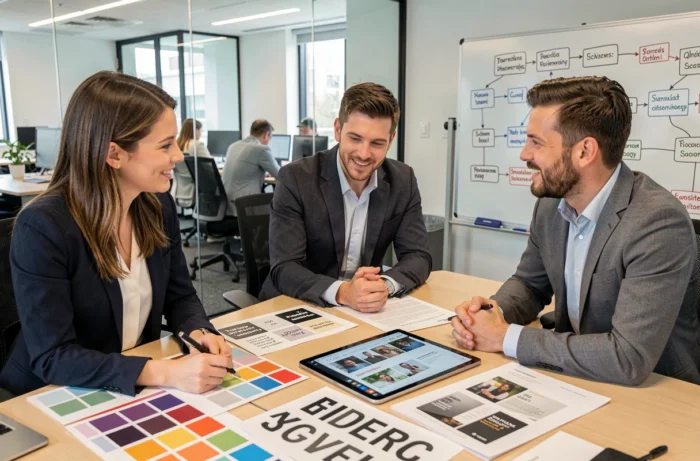 Équipe de professionnels planifiant ensemble la création d'un site internet avec des maquettes et palettes de couleurs dans un espace de coworking