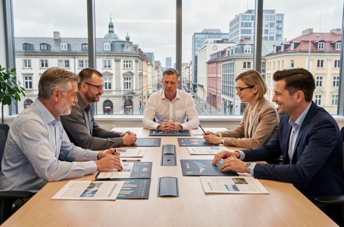 Équipe de professionnels européens analysant les actualités en temps réel dans un bureau moderne à Berlin