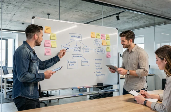Équipe SEO collaborant autour d'un tableau blanc avec une architecture de site web et un plan de site