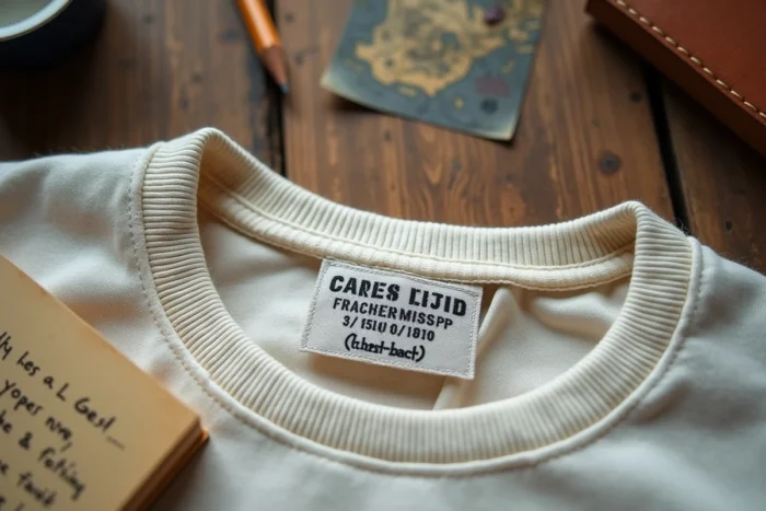 Étiquette d'origine cousue à l'intérieur d'un sweat-shirt avec composition textile et pays de fabrication, posée sur une carte du monde, illustrant l'origine des vêtements Pull and Bear