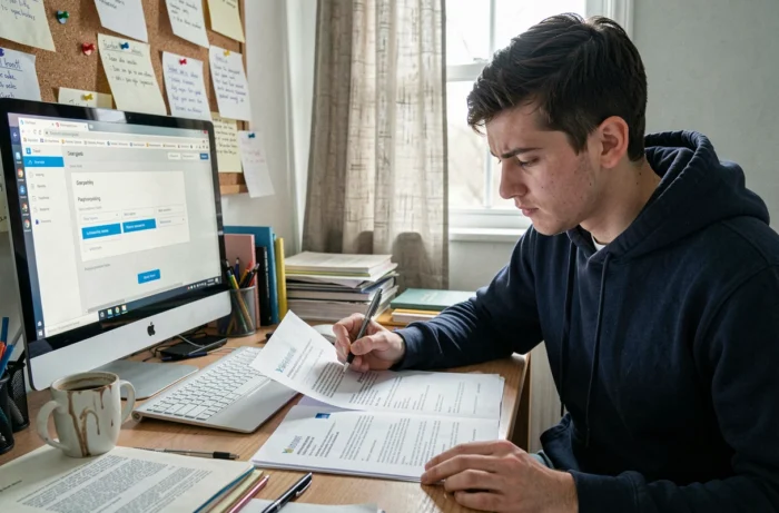 Étudiant comparant des documents reformulés à son bureau à domicile avec un outil de paraphrase en ligne