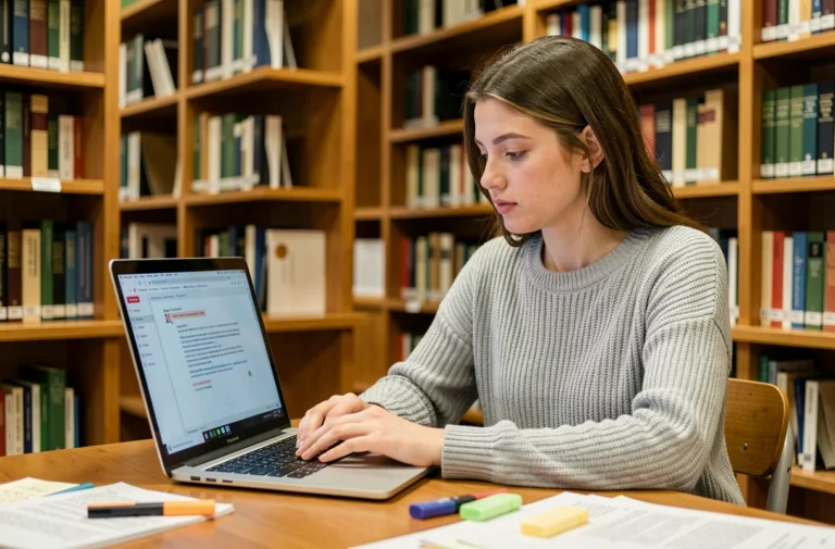 Étudiante utilisant un reformulateur en ligne sur son ordinateur portable dans une bibliothèque universitaire