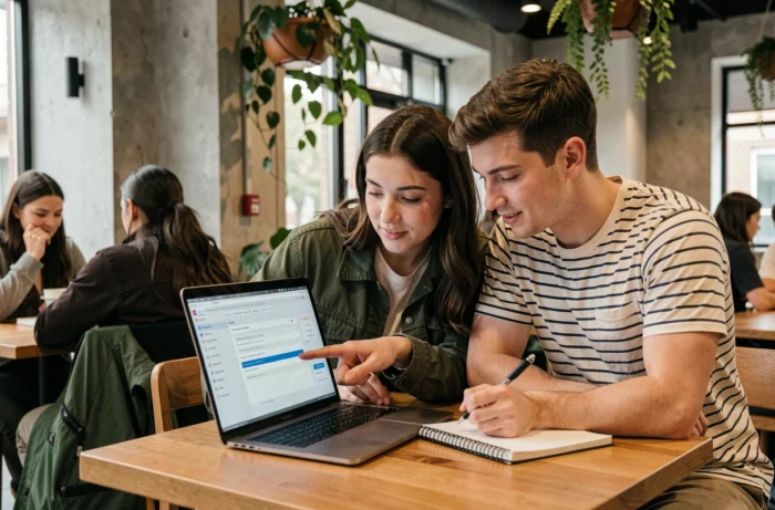 Deux étudiants collaborant sur un reformulateur de texte en ligne dans un café universitaire moderne