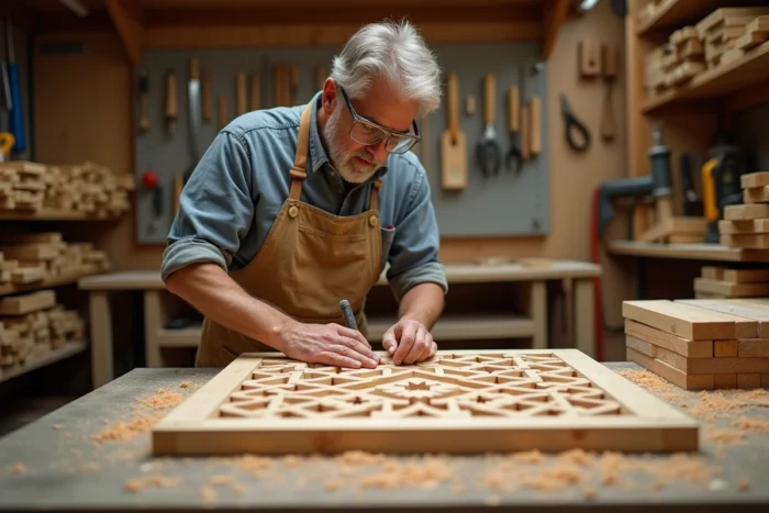 Artisan menuisier découpant un motif géométrique de moucharabieh dans un panneau en bois dans un atelier de menuiserie
