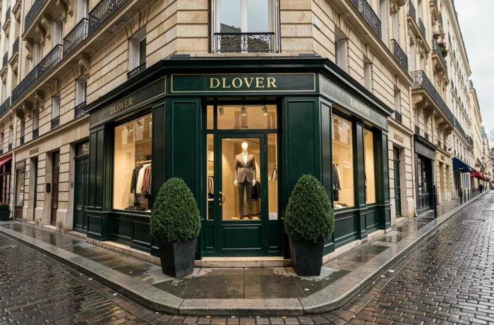 Façade extérieure d'une boutique de mode parisienne chic dans le style de Lucie Roussel