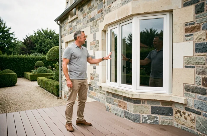 Homme devant une maison en pierre avec fenêtres rénovées et terrasse refaite pour augmenter la valeur immobilière