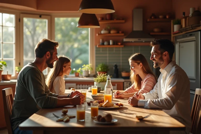 Famille épanouie réunie autour d'un petit-déjeuner fait maison dans une cuisine chaleureuse