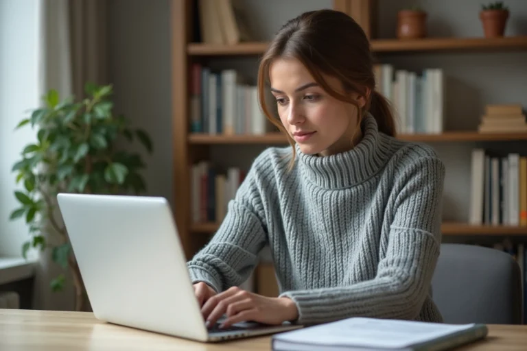Femme consultant les actualités sur un ordinateur portable dans un bureau à domicile moderne et épuré