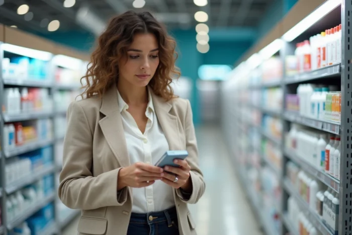 Femme analysant un complément alimentaire Haplex Plus dans une pharmacie moderne