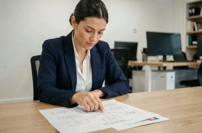 Professionnelle en marketing digital analysant un plan de site imprimé sur un bureau de bureau moderne