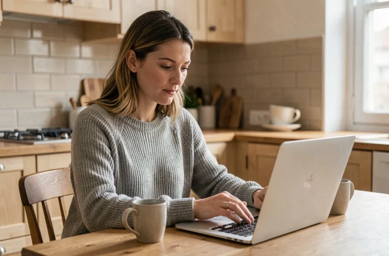 Femme répondant à un questionnaire d'avis consommateur en ligne sur son ordinateur portable dans une cuisine moderne
