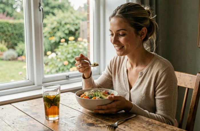 Jeune femme savourant un bol repas nutritif et coloré à base de quinoa et légumes pour maigrir sans se priver