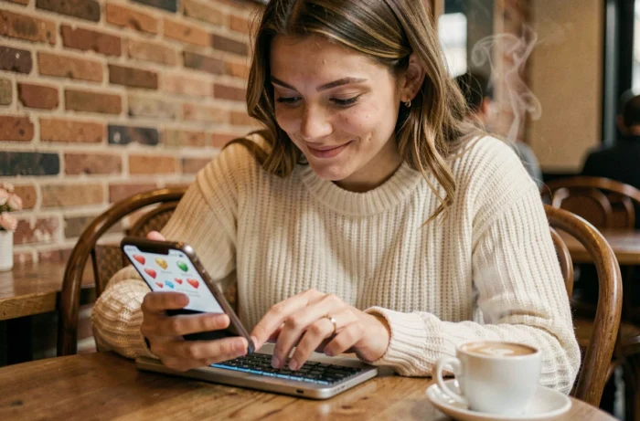 Jeune femme souriante dans un café parisien tapant des emojis romantiques sur son smartphone
