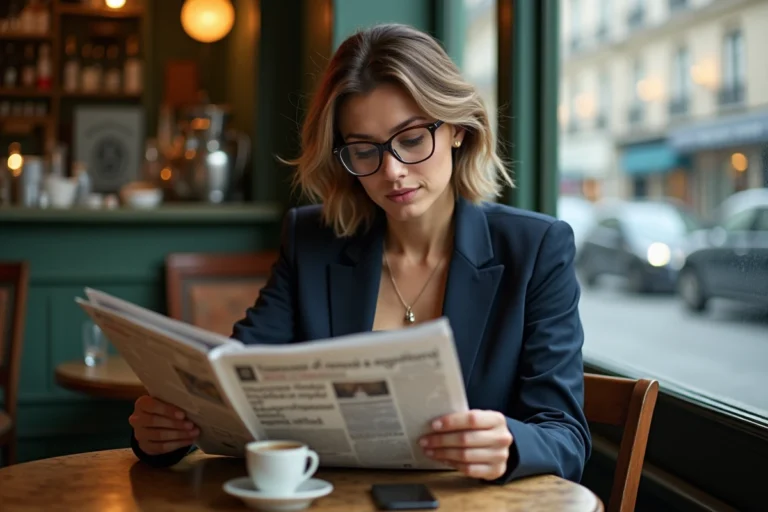 Femme parisienne lisant le journal dans un café traditionnel, actualité française du jour