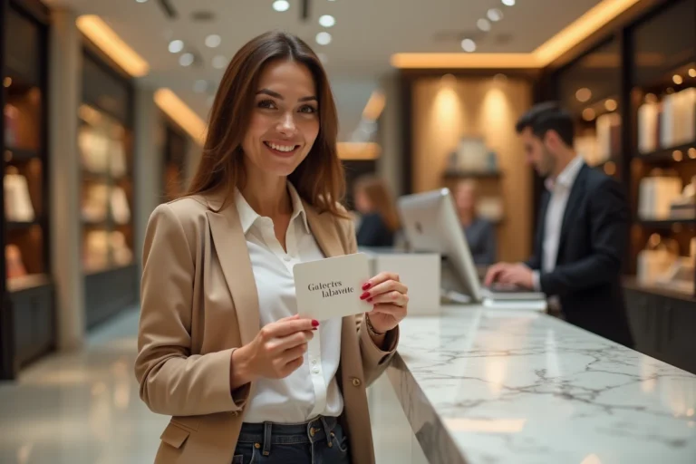 Femme tenant une carte cadeau Galeries Lafayette à la caisse d'un grand magasin élégant