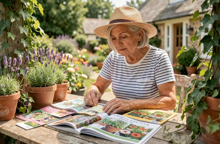 Femme âgée consultant des catalogues de jardinage et des sachets de graines sur une terrasse entourée de lavande