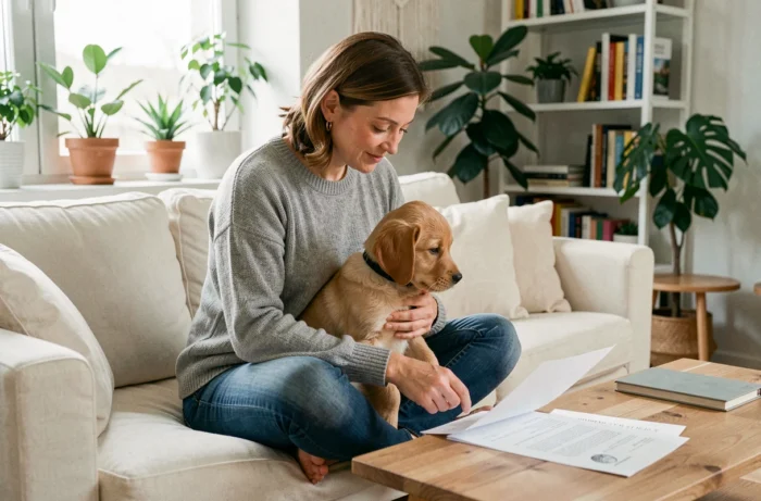 Femme tenant un chiot golden retriever en examinant des documents d'assurance animaux sur un canapé moderne