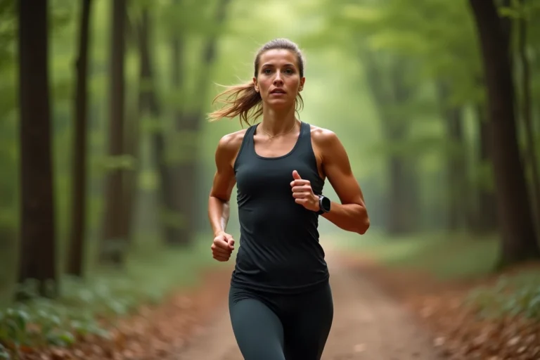 Femme sportive qui court sur un sentier forestier pour améliorer sa VO2 max et son endurance
