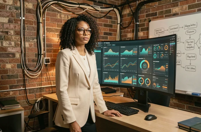 Femme développeuse analysant des données IA et blockchain sur grand écran dans un espace startup technologique