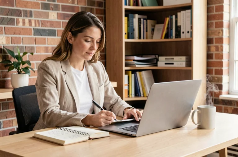 Femme indépendante travaillant seule dans son bureau à domicile, planifiant la création de son entreprise avec un ordinateur portable et des notes manuscrites