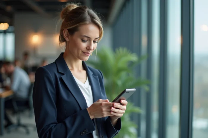 Une femme professionnelle consulte une application d'investissement boursier sur son smartphone dans un espace de coworking