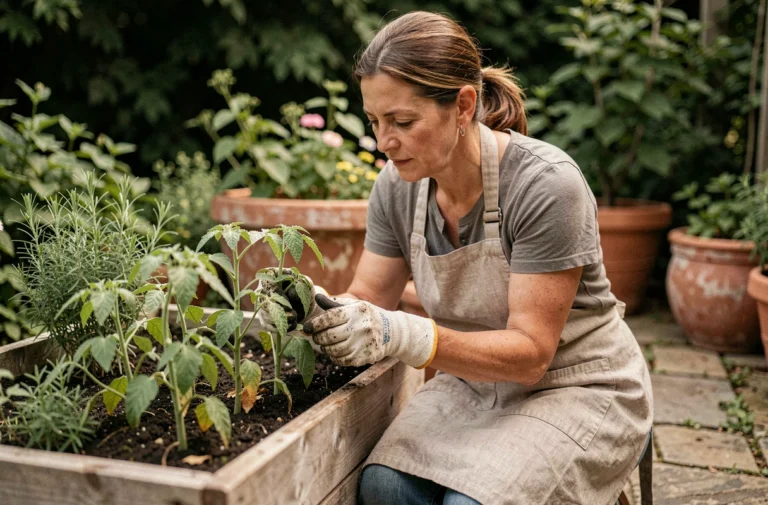 Femme jardinière inspectant des plants de tomates dans un potager surélevé en bois avec des herbes aromatiques