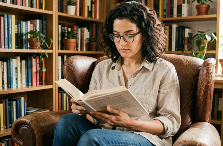 Femme lisant un livre dans une bibliothèque cosy pour stimuler sa créativité au quotidien