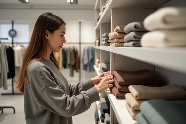 Femme parcourant des pulls et vêtements dans un magasin Pull and Bear, illustration des collections fabriquées à l'étranger