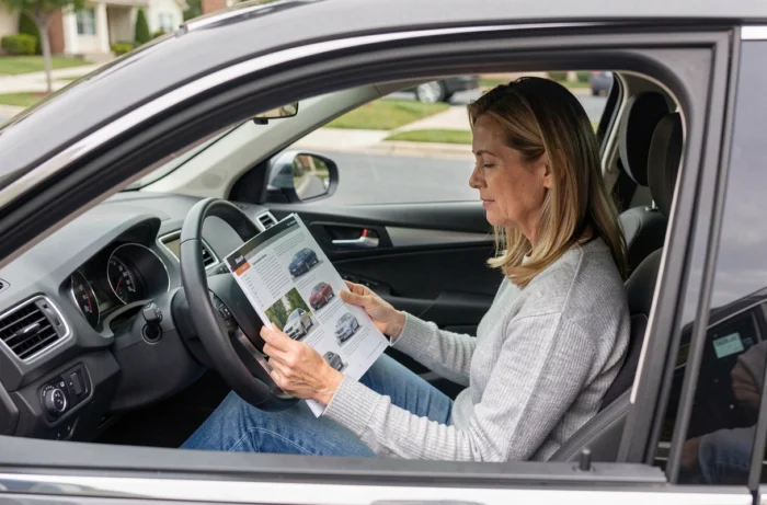 Femme lisant le manuel de sa voiture assise dans l'habitacle d'un véhicule garé