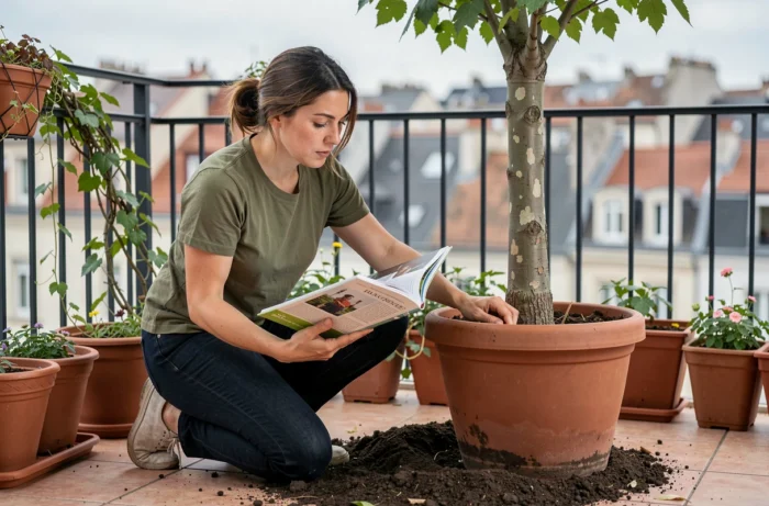 Femme inspectant un mûrier platane en pot sur un balcon urbain avec un livre de jardinage