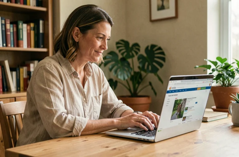 Femme explorant le site municipal de Beynat sur un ordinateur portable dans un bureau à domicile