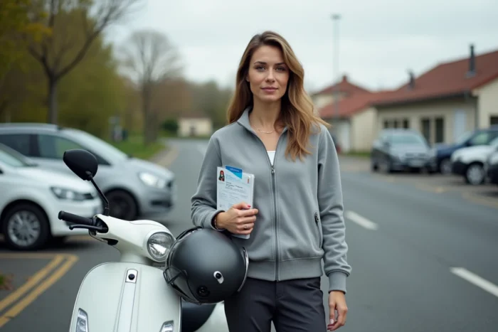 Femme tenant un permis de conduire et un casque à côté d'un scooter 250cc dans un parking
