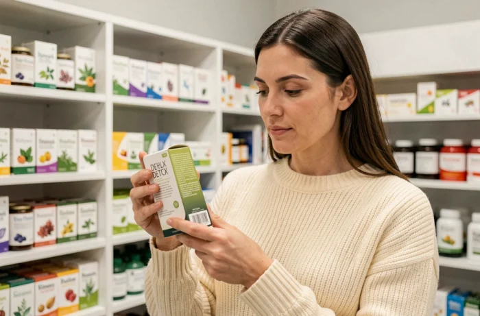 Femme en pharmacie tenant une boîte de cure détox Lulutox et lisant les informations sur l'emballage