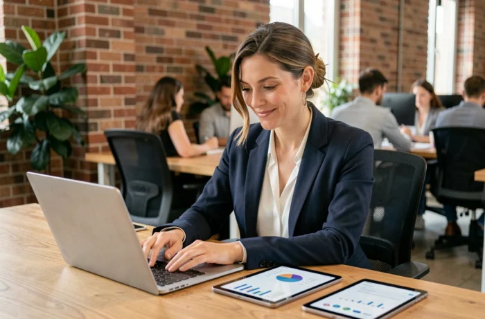 Femme professionnelle utilisant des outils en ligne sur laptop et tablette dans un bureau moderne pour booster son activité