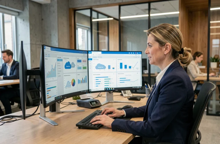 Femme professionnelle utilisant des solutions informatiques sur double écran dans un bureau moderne en 2024