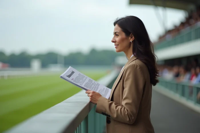 Femme consultant un programme de courses de trot à l'hippodrome pour optimiser ses paris