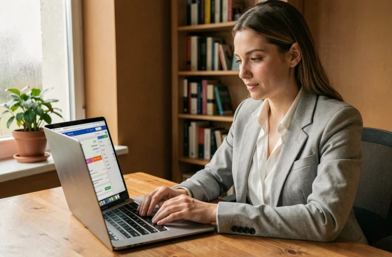Femme consultant des offres d'emploi sur son ordinateur portable dans un bureau à domicile