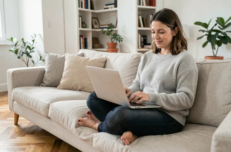 Femme cherchant une maison en ligne sur un laptop dans un salon contemporain