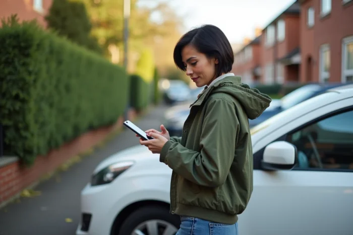 Femme réinitialisant un radar de recul via smartphone dans une allée résidentielle