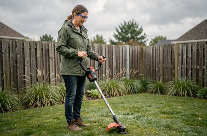 Femme tenant un rotofil Bosch AdvancedGrassCut 36 remis en état avec une bobine neuve dans un jardin résidentiel