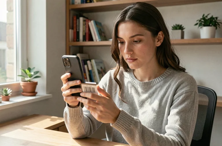 Jeune femme scannant un code-barres produit avec son smartphone dans un bureau à domicile, guide débutant Cruchyscan