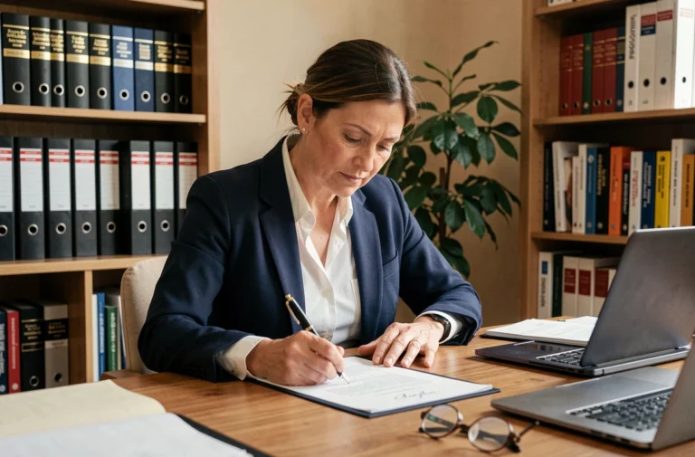 Femme signant une lettre de garant pour un bail international à son bureau à domicile