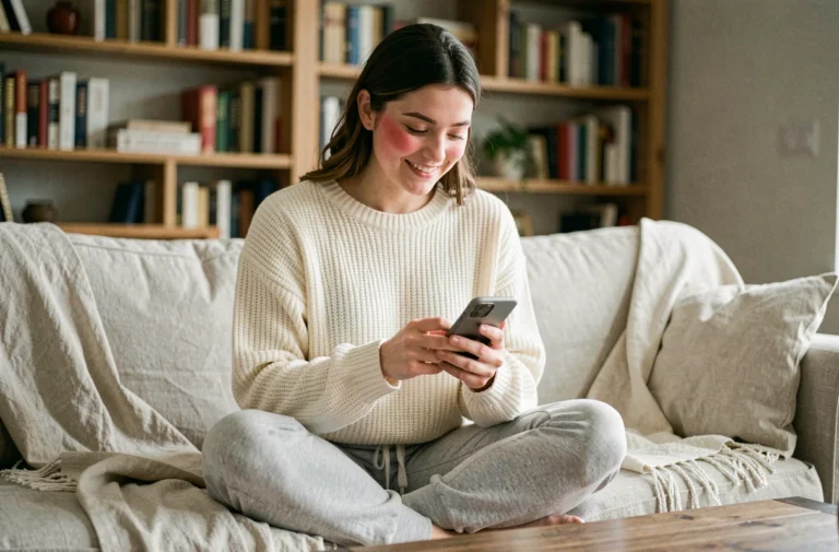 Jeune femme souriante qui envoie un SMS romantique avec des emoji sur son smartphone, assise dans un salon chaleureux
