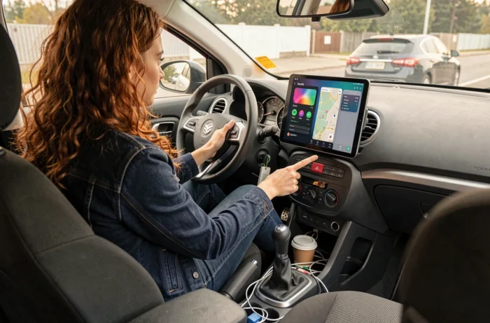 Femme utilisant une tablette Android intégrée comme système CarPlay dans l'habitacle d'une citadine