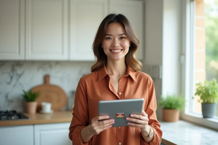 Femme dans une cuisine moderne utilisant une tablette pour télécharger facilement des contenus Instagram